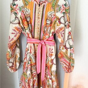 ANTONIO MELANI Pink & Orange Paisley Long Sleeve Belted Dress